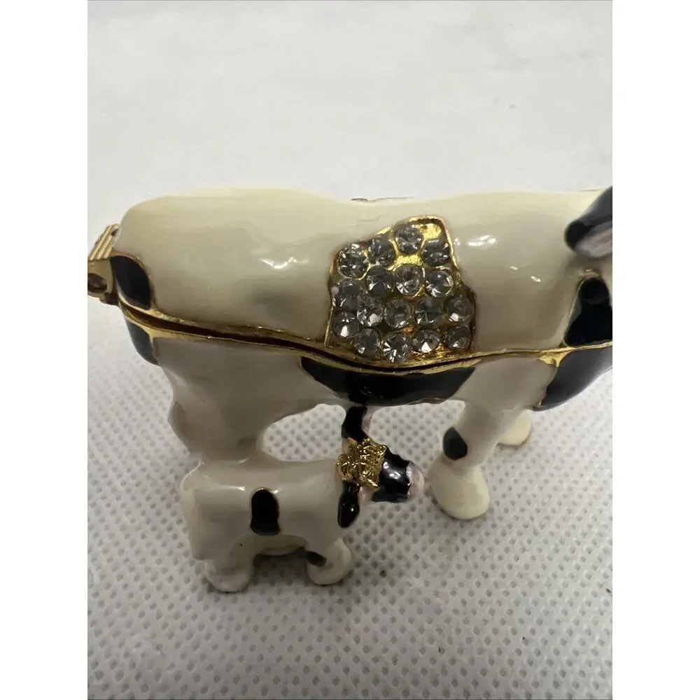 Cow & Calf B & W Rhinestones & Gold Trim Jewelry Trinket Box